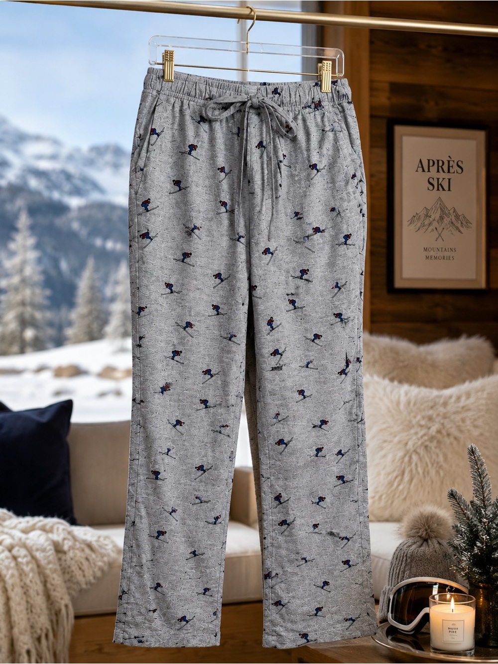 J.Crew Ski Print Pajama Pants XS Gray Lounge Sleep Pants Drawstring Waist